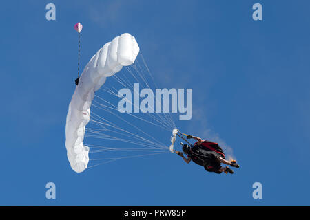 Australian adventurer and wing suit flyer Rex Pemberton parachutes to earth after a wing suit flight. Stock Photo