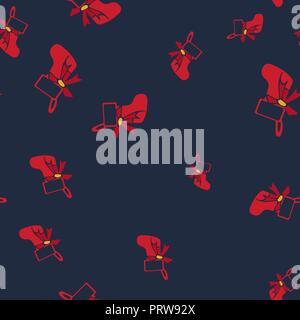 Red Christmas sock seamless pattern. Dark blue background. Vector illustration. Stock Vector
