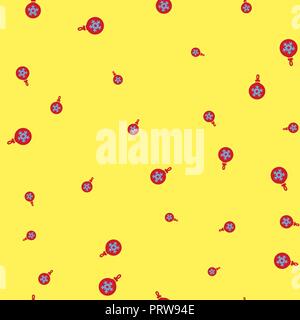 Red balls for decorating a Christmas tree seamless pattern. Yellow background. Vector illustration. Stock Vector