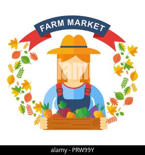 Woman farmer holding wooden box with fruits and vegetables. Stock Vector