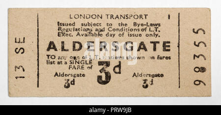 Vintage 1950s London Underground Ticket - Aldersgate Station Stock Photo
