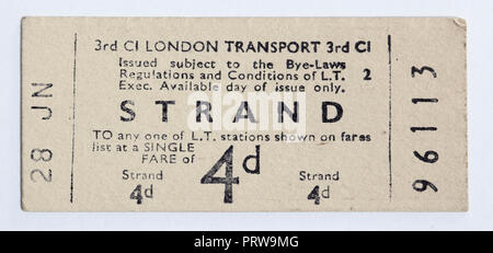 Vintage 1950s London Underground Ticket - Strand Station Stock Photo
