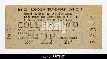 Vintage 1950s London Underground Ticket - Colliers Wood Station Stock Photo
