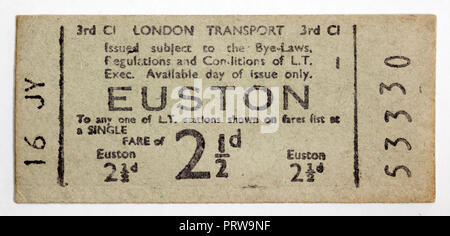 Vintage 1950s London Underground Ticket - Euston Station Stock Photo