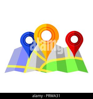 Colorful Markers Pointer with Paper Road Map. GPS Location Icon. Stock Vector