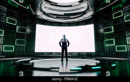 Businessman looking and thinking front of high technology control room with blank big screen   . Mixed media . Stock Photo