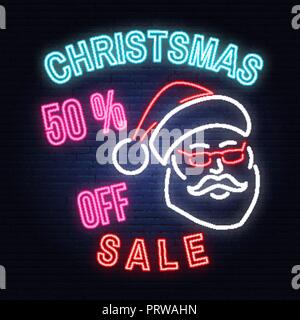 Christmas sale neon sign with santa claus. Vector illustration. Neon christmas sale sign for banner, billboard, promotion or advertisement. Stock Vector