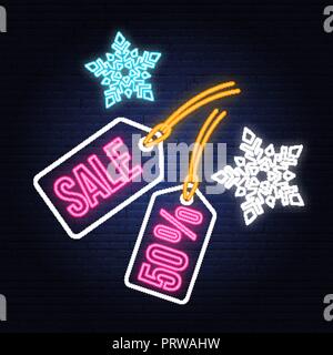 Winter sale neon sign with christmas tag hanging and snowflakes. Vector illustration. Neon winter sale sign for banner, billboard, promotion or advertisement. Stock Vector