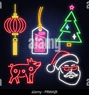 Set of Happy New Year 2019 neon sign with santa claus, pig, christmas tree, tag and Chinese lanterns. Vector. Neon sign for Merry Christmas and Happy New Year banner, billboard or advertisement. Stock Vector