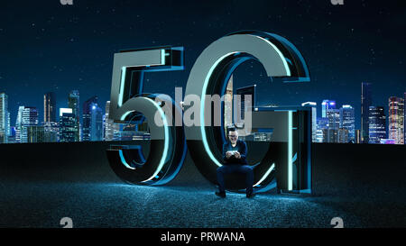 Businessman excited sit on the 3D render 5G futuristic font with blue neon light . Mobile network speed communication technology concept . Mixed media Stock Photo