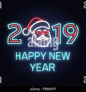 Happy New Year 2019 neon sign with santa claus. Vector. For New 2019 Year Design, template, greeting card, flyer, poster, website. Neon sign with santa claus for banner, romotion or advertisement. Stock Vector