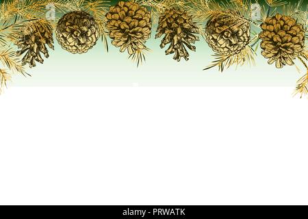 Festivev background template with seamless pattern realistic botanical ink sketch of fir tree branches with pine cone in gold color isolated on white. Vector illustrations Stock Vector