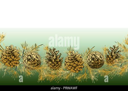 Festivev background template with seamless pattern realistic botanical ink sketch of fir tree branches with pine cone in gold color isolated on white. Vector illustrations Stock Vector