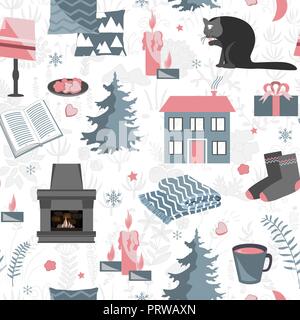 Hygge seamless pattern. Vector illustration with forest plants and cozy home things Stock Vector