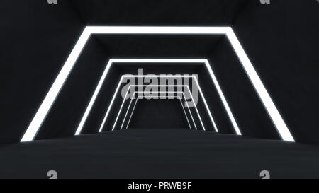 3D Render abstract and futuristic dark room empty space with glowing stripes light . Stock Photo