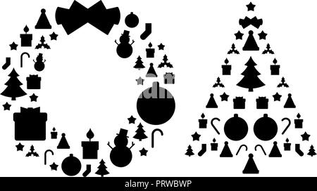 Christmas Wreath and Christmas Tree Silhouettes Made of Related Icons. Merry Christmas, Happy New Year Design Elements. Resource for Creating Postcards, Calendars or Posters, Presentations or Banners. Stock Vector