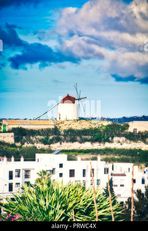Landscape with a windmill in Vejer de la Frontera, a beautiful town in the province of Cadiz, in Andalusia, Spain Stock Photo