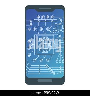 Bitcoin sign with computer chip on smartphone screen Stock Vector