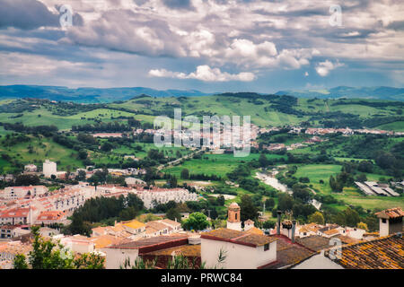Panoramic view of Jimena de la Frontera, a beautiful white village in the province of Cadiz, in Andalusia, Spain Stock Photo