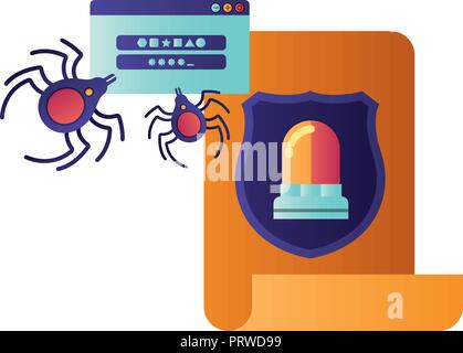 open letter with spider and siren isolated icons Stock Vector
