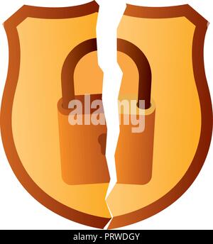 broken shield with padlock isolated icons Stock Vector