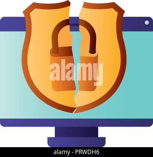 broken shield with padlock isolated icons Stock Vector