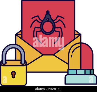 open letter with spider and siren isolated icons Stock Vector