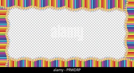 Vector rectangle wavy border made of multicolored wooden pencils isolated on transparent background. Back to school framework bordering template conce Stock Vector