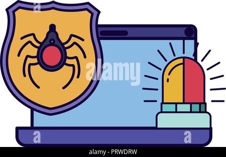 latop screen with shield and siren on icon isolated Stock Vector