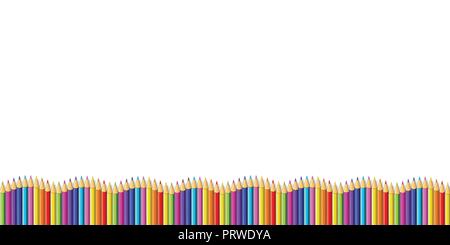 Colored pencils down line in shape of wave, multicolored border frame with empty copy space for text isolated on white background. Creative back to sc Stock Vector