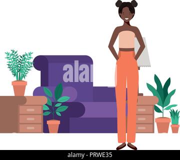 young woman afro in living room avatar character Stock Vector