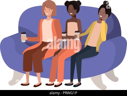 women sitting on sofa with coffee container avatar character Stock Vector