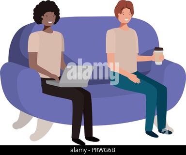 young men sitting on sofa avatar character Stock Vector