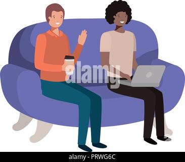 young men sitting on sofa avatar character Stock Vector