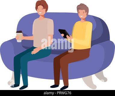 young men sitting on sofa avatar character Stock Vector