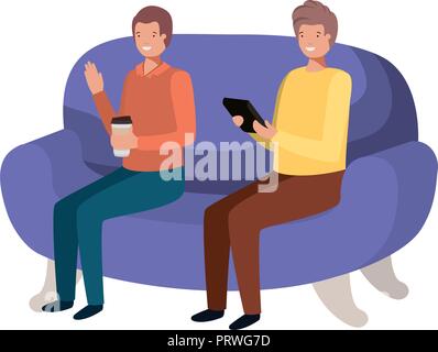 young men sitting on sofa avatar character Stock Vector