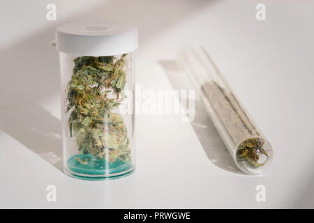 Medical marihuana, prescription cannabis in plastic bottle, close up isolated on white background Stock Photo