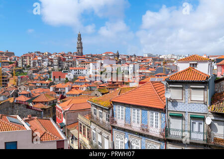 View over the rooftops of the city from the Cathedral, looking towards the Clerigos Tower, Porto, Portugal Stock Photo