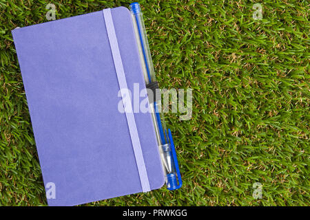Purple notebook with blue pen on on the green artificial grass Stock Photo