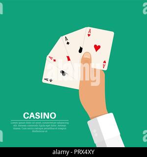 The hand holding four playing cards, aces of all colors. Symbolizes a combination of "caret" in poker. The concept of good luck, a prize, wealth in ga Stock Vector