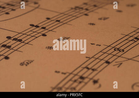 A closeup of a few bars of a classical print piano score with sustain pedal markings Stock Photo