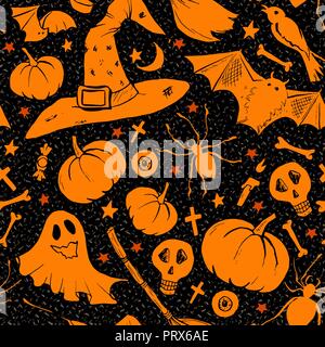 Orange Halloween Pattern with Mushrooms, with hat, bat, pumpkin and candles, bones and broom. Ready for print in fabric textile design Stock Vector