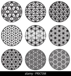 Set of nine traditional Japanese ornaments Kumiko in the form of balls.Suitable for laser cutting.Elements for design. Stock Vector