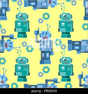 Colorful cartoon robots white background seamless pattern Stock Vector