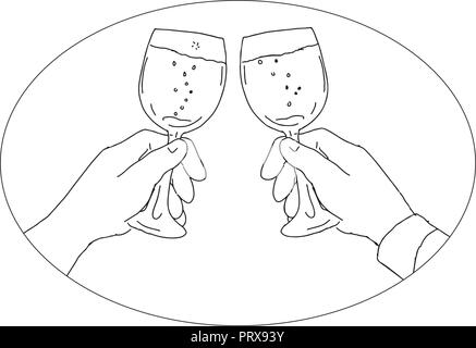 Drawing sketch style illustration of two hands with wine glass toasting on isolated white background. Stock Vector