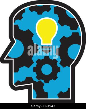 Icon retro style illustration of a human head with glowing light bulb and mechanical gear or cog turning viewed from side view on isolated background. Stock Vector