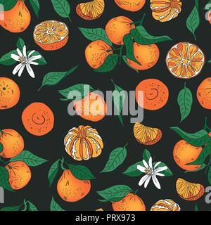Seamless orange mandarin tangerine with leaves vector pattern. Colorful background Stock Vector