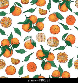 Seamless vector pattern of whole and peeled tangerines and leaves on a white background Stock Vector