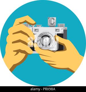 Retro style illustration of a pair of hands holding a retro vintage 35mm film camera clicking taking a photo front view on isolated background. Stock Vector