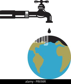 Retro style illustration of a water pipe with faucet, spigot or tap water dripping on world globe on isolated background. Stock Vector